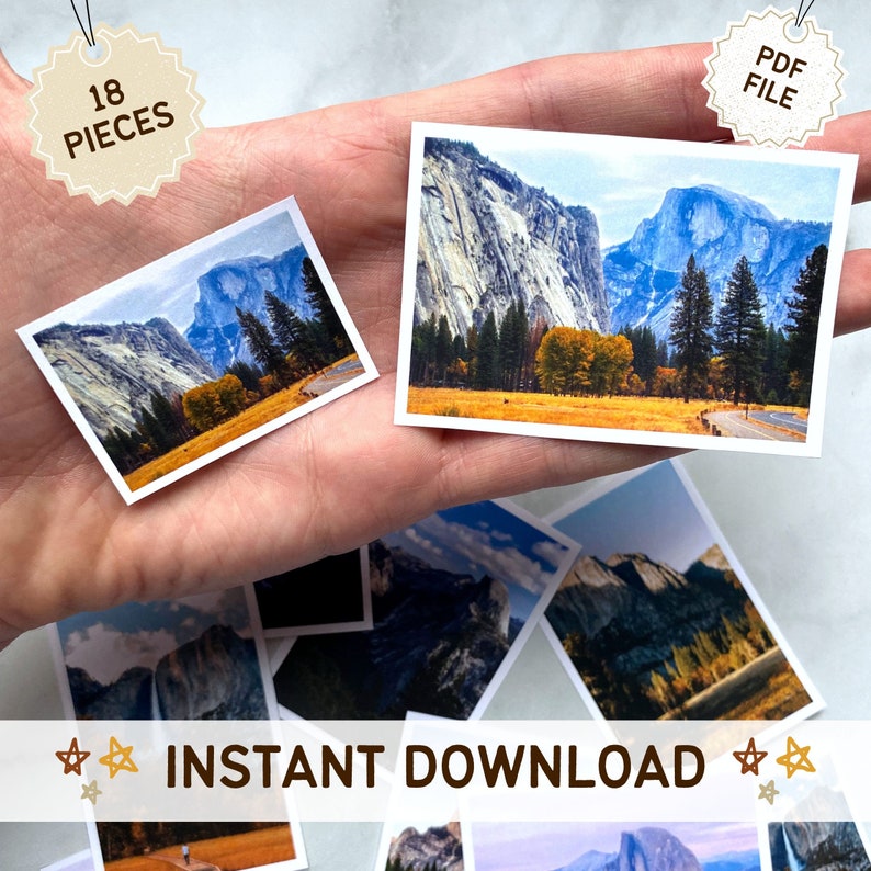May include: A set of 18 printable jigsaw puzzle pieces featuring a scenic view of Yosemite National Park. The image shows Half Dome and El Capitan, two iconic rock formations, with a forest in the foreground. The text "PDF FILE" and "18 PIECES" are visible in the image.  The text "INSTANT DOWNLOAD" is also visible in the image.