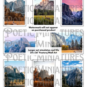 May include: A set of six Yosemite National Park landscape photographs. The photos feature different views of Half Dome, El Capitan, and other iconic landmarks. The photos are printed on high-quality paper and are perfect for framing.
