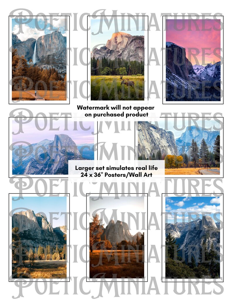May include: A set of six Yosemite National Park landscape photographs. The photos feature different views of Half Dome, El Capitan, and other iconic landmarks. The photos are printed on high-quality paper and are perfect for framing.