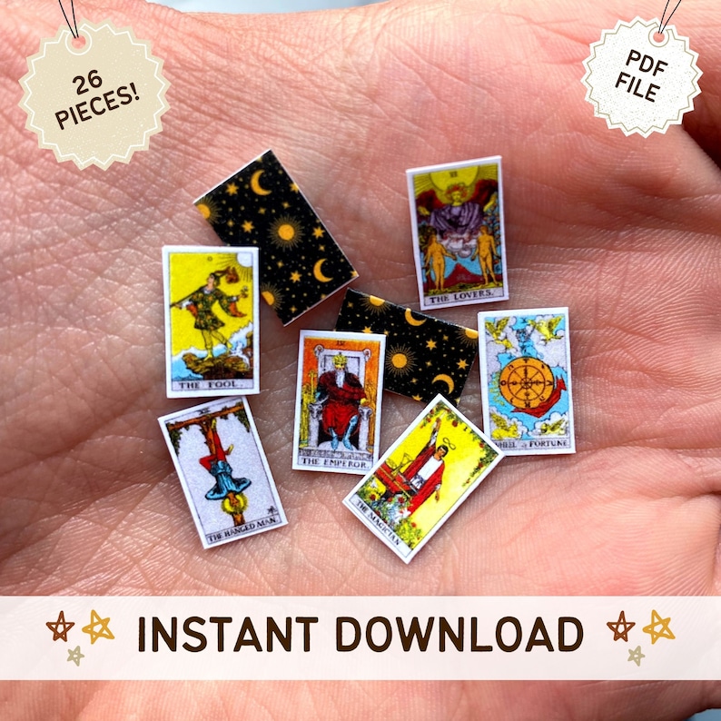 Miniature Tarot Cards 1:12 Scale Tarot Card Set Dollhouse Tarot Cards Digital Download Printable PDF DIY Print and Cut image 2