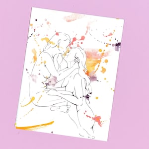 Saffier paar aquarel lijntekeningen print | Sensueel homoseksueel, LGBTQIA-boudoirportret | Perfect cadeau voor Valentijnsdag, jubileum, verjaardag