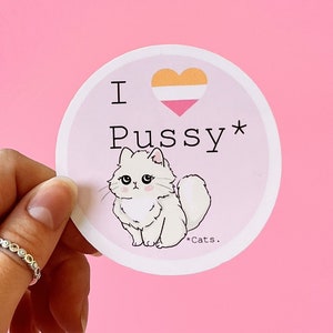 Adesivo I Love Pussy / Divertente Gay Lesbica Queer Bisessuale LGBTQ / Adesivi lucidi per laptop e cellulare LGBTQIA+ Cat Kitten WLW Sapphic Sunset Flag