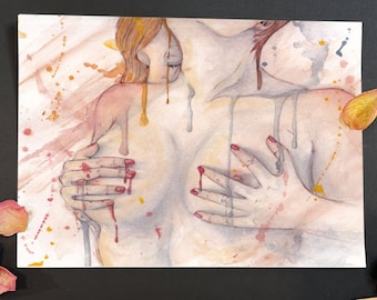 May include: Watercolor painting of two figures embracing, with hands touching. The artwork features dripping paint effects in shades of red, yellow, and orange. Dried rose petals are scattered around the painting on a black surface.