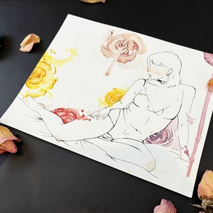Boudoir Watercolor Print | Lesbian Pride Colours | Female Form Line Art Painting | Sensual Watercolour Portrait | Anniversary, Birthday Gift