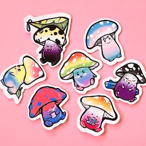 Stickers drapeau de fierté champignon | Sticker sur papier glacé mignon gay, bisexuel, transgenre, non binaire, lesbienne, saphique, asexué, WWL, LGBT, pansexuel