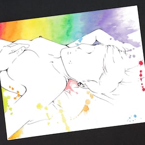 Stampa ad acquerello boudoir / Colori dell'orgoglio arcobaleno / Linea artistica di forme femminili / Ritratto sensuale per WLW, gay, queer / Regalo di anniversario e compleanno