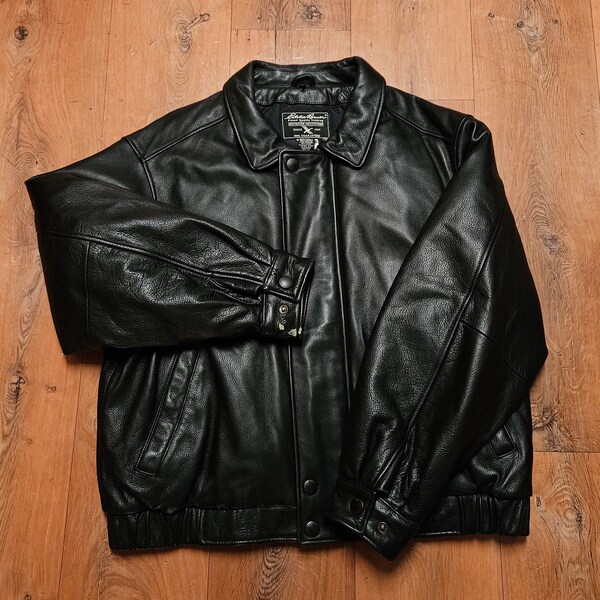 Vintage Eddie Bauer Men's Leather Bomber Flight Full Zip DOWN Jacket Size Large L Adult