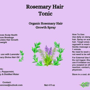 Puede incluir: Una etiqueta de color lila claro para Rosemary Hair Tonic. La etiqueta incluye texto, una ilustraci&oacute;n floral e informaci&oacute;n del producto. El texto incluye el nombre del producto, los ingredientes y las instrucciones de uso. El peso neto es de 118 ml.