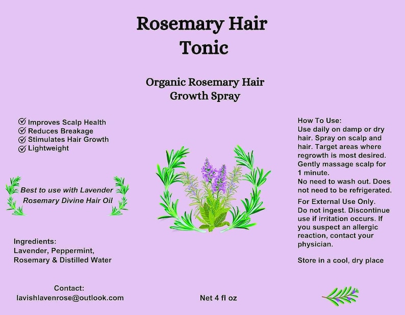 Puede incluir: Una etiqueta de color lila claro para Rosemary Hair Tonic. La etiqueta incluye texto, una ilustraci&oacute;n floral e informaci&oacute;n del producto. El texto incluye el nombre del producto, los ingredientes y las instrucciones de uso. El peso neto es de 118 ml.