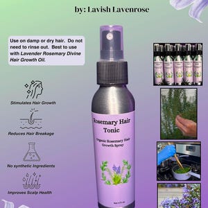 Puede incluir: Un frasco rociador morado y plateado de Rosemary Hair Tonic, con el texto "Organic Rosemary Hair Growth Spray". La etiqueta tambi&eacute;n incluye el texto "Net 4 fl oz". La imagen incluye ilustraciones de romero y texto sobre los beneficios para el cabello.