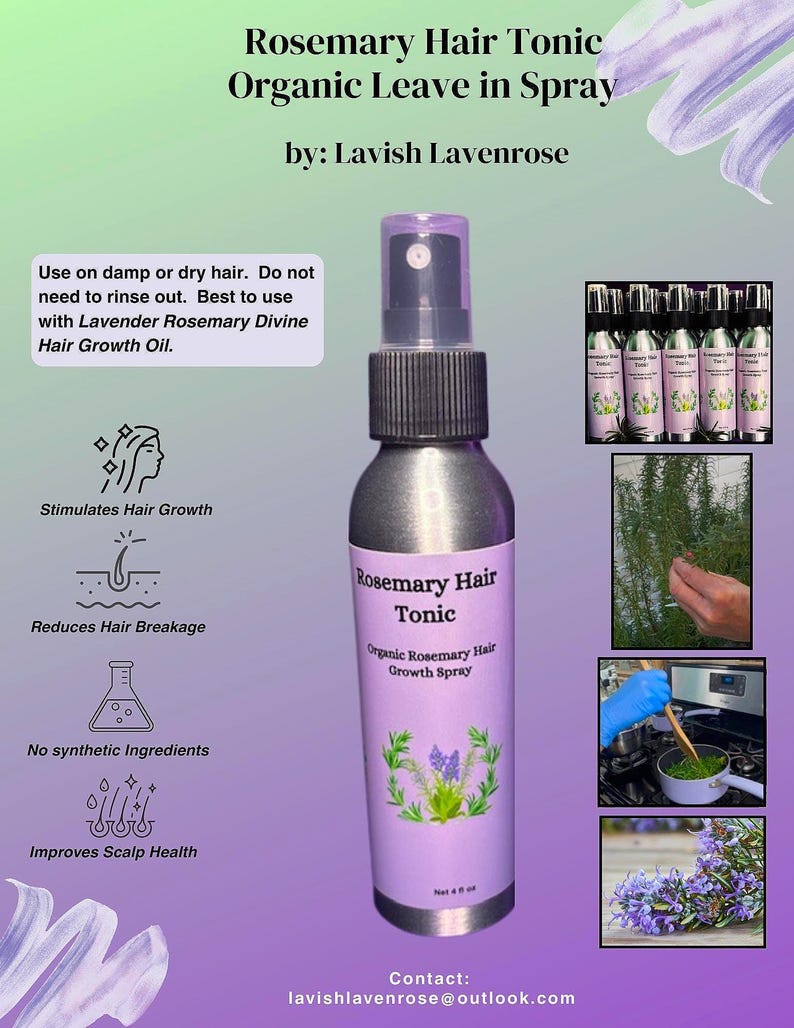 Puede incluir: Un frasco rociador morado y plateado de Rosemary Hair Tonic, con el texto "Organic Rosemary Hair Growth Spray". La etiqueta tambi&eacute;n incluye el texto "Net 4 fl oz". La imagen incluye ilustraciones de romero y texto sobre los beneficios para el cabello.