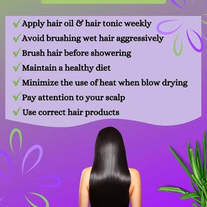 Puede incluir: Un gr&aacute;fico p&uacute;rpura con el texto "PREVENIR LA CA&Iacute;DA DEL CABELLO CONSEJOS" y consejos para el cuidado del cabello. La imagen presenta a una mujer con cabello largo y negro brillante. Informaci&oacute;n de contacto de lavishlavenrose abajo.