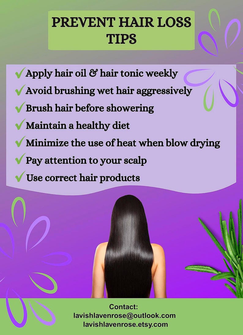Puede incluir: Un gr&aacute;fico p&uacute;rpura con el texto "PREVENIR LA CA&Iacute;DA DEL CABELLO CONSEJOS" y consejos para el cuidado del cabello. La imagen presenta a una mujer con cabello largo y negro brillante. Informaci&oacute;n de contacto de lavishlavenrose abajo.