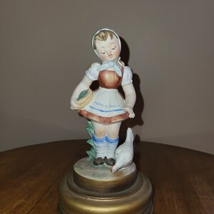 Schmid Japan Vintage Farm Girl Porcelain Figurine Music Box