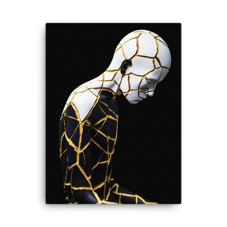 Unique Kintsugi Black, Gold & White Print: Handcrafted Portrait of a Person, Elegant Home Decor, Wall Art for Modern Interiors KintsugiArt Canvas 18"x24"