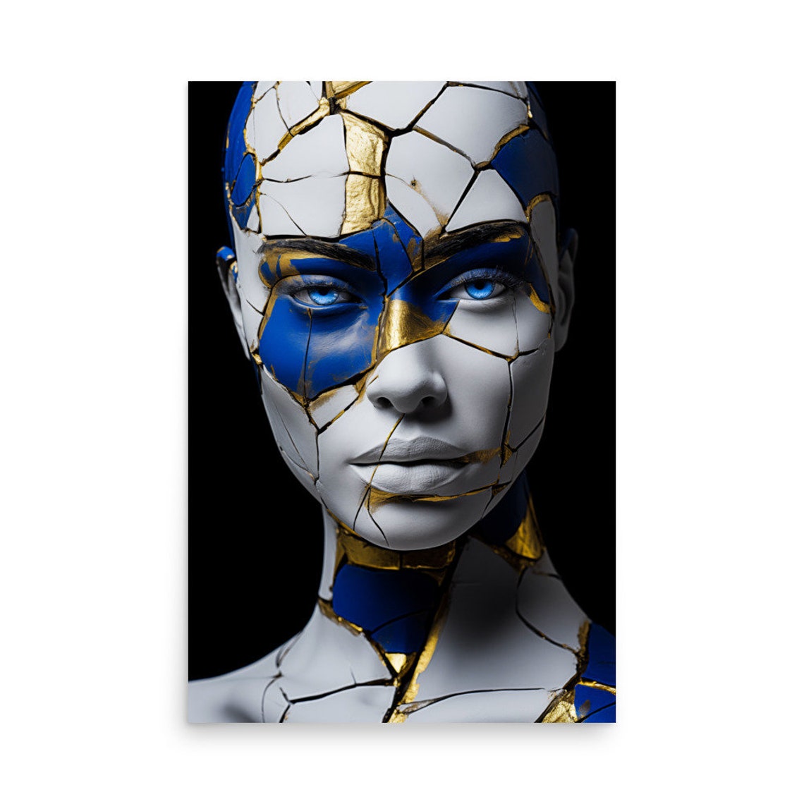 Kintsugi Male Portrait Print Mesmerizing Eyes In Blue And White 3d
