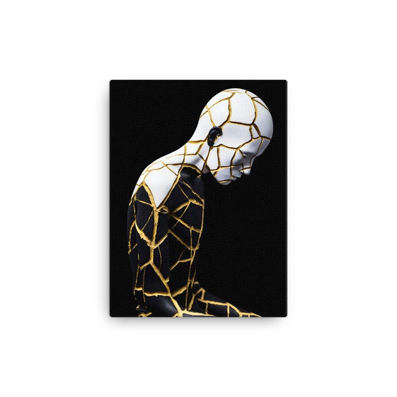 Unique Kintsugi Black, Gold & White Print: Handcrafted Portrait of a Person, Elegant Home Decor, Wall Art for Modern Interiors KintsugiArt Canvas 12"x16"