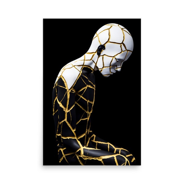 Unique Kintsugi Black, Gold & White Print: Handcrafted Portrait of a Person, Elegant Home Decor, Wall Art for Modern Interiors #KintsugiArt