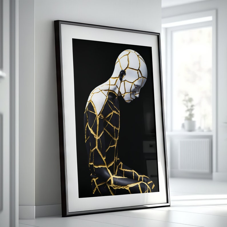 Unique Kintsugi Black, Gold & White Print: Handcrafted Portrait of a Person, Elegant Home Decor, Wall Art for Modern Interiors KintsugiArt image 3