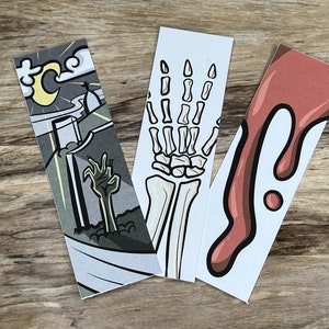 Spooky Bookmarks Collection - (1.5&quot; x 5&quot;) - Blood, Skeleton High Five, Graveyard Scene