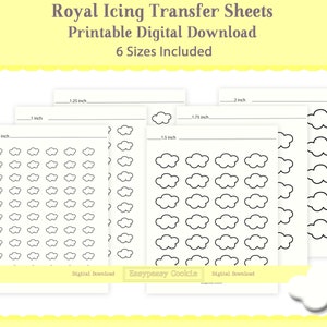 Puede incluir: Hojas de transferencia para glaseado real descargables digitalmente. Se incluyen seis tamaños: 0,75 pulgadas, 1 pulgada, 1,25 pulgadas, 1,5 pulgadas, 1,75 pulgadas y 2 pulgadas. Cada hoja presenta un diseño de nube.