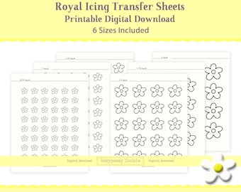 Op de afbeelding: Printbare royal icing transfer sheets met zes verschillende maten bloemontwerpen. De vellen bevatten bloemontwerpen van 0,75 inch, 1 inch, 1,25 inch, 1,5 inch, 1,75 inch en 2 inch.