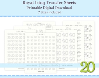 Number 20 Royal Icing Transfer Sheet Template 0.75 ", 1", 1.25" 1.5", 2" Custom Age Decorating, Reusable Printable Digital Download