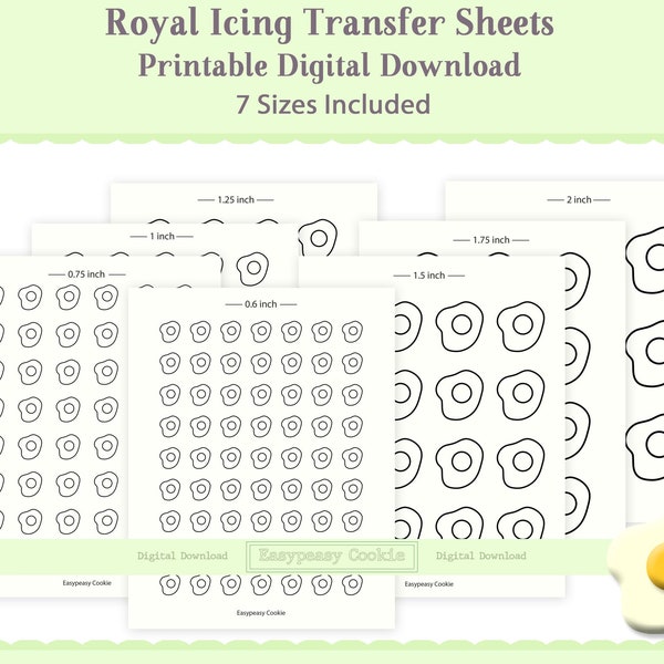 Fried Egg Royal Icing Transfer Sheet Template, 0.6", 0.75 ", 1", 1.25" 1.5" 1.75" 2", Cookie Decorating, Reusable Printable Digital Download