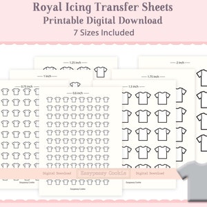 Könnte beinhalten: Druckbare digitale Download-Bögen mit sieben verschiedenen Größen von T-Shirt-Umrissen für Royal-Icing-Transfers. Die Umrisse reichen von 1,5 cm bis 5 cm.