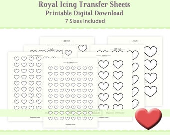 May include: Printable digital download sheets of heart shapes in seven sizes, ranging from 0.75 inches to 2 inches. The sheets are designed for use with royal icing.