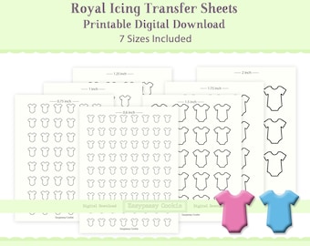 Baby Body Suit Royal Icing Transfer Sheet Template  0.75 ", 1", 1.25" 1.5", 2" Baby Shower Decorating, Reusable Printable Digital Download