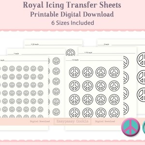 May include: Printable peace sign royal icing transfer sheets in six sizes: 0.75 inch, 1 inch, 1.25 inch, 1.35 inch, 1.5 inch, and 2 inch. Digital download.