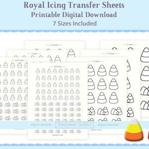 Puede incluir: Hojas de transferencia para glaseado real imprimibles en descarga digital con diseños de maíz dulce en siete tamaños diferentes: 1,5 cm, 1,9 cm, 2,5 cm, 3,2 cm, 3,8 cm, 4,4 cm y 5,1 cm.