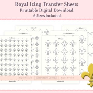 Peut inclure: Téléchargement numérique de feuilles de transfert pour glaçage royal avec motifs de fleur de lys. Comprend 6 tailles : 1,9 cm, 2,5 cm, 3,2 cm, 3,8 cm, 4,4 cm et 5,1 cm. Les feuilles sont imprimables et ont un fond clair avec des contours noirs.