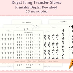 May include: Printable digital download sheets of carrot outlines in seven different sizes, ranging from 0.5 inches to 2 inches. The sheets are labelled with the size of each carrot outline.