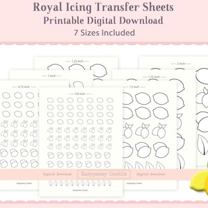 May include: Printable digital download sheets of various sizes of lemon outlines for royal icing transfer. The sheets include 7 sizes ranging from 0.6 inches to 2 inches.