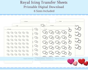 May include: Printable royal icing transfer sheets with six different sizes of double heart designs. The sheets include sizes from 0.75 inches to 3 inches. The text "Easypeaay Cookie" is printed on the bottom of the sheets.