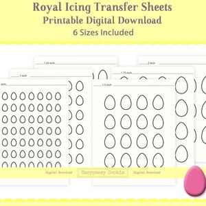 Puede incluir: Hojas de transferencia para glaseado real descargables digitalmente. Se incluyen seis tamaños de formas de huevo: 0,75 pulgadas, 1 pulgada, 1,25 pulgadas, 1,5 pulgadas, 1,75 pulgadas y 2 pulgadas.