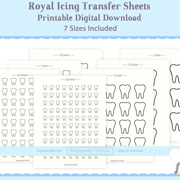 Tooth Royal Icing Transfer Sheet Template 0.75 ", 1", 1.25" 1.5", 2" Dental Cookie Decorating, Practice, Reusable Printable Digital Download