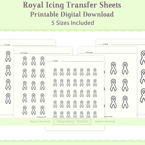 May include: Printable digital download sheets for royal icing transfers. Five sizes are included: 1.5 inches, 1.25 inches, 1 inch, 1.75 inches, and 2 inches. Each sheet features a repeating pattern of ribbon outlines.