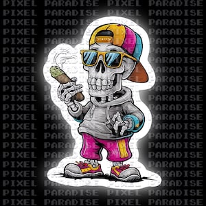 May include: A cartoon illustration of a skeleton wearing a hoodie, sunglasses, and a backwards baseball cap. The skeleton is holding a lit cigar and wearing pink shorts and sneakers. The background is black with the words "PIXEL PARADISE" repeated.