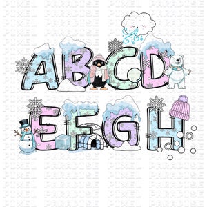 Letras de nombre personalizadas, alfabeto digital, más vendido popular, garabato de Navidad, imágenes prediseñadas de Navidad, paquete PNG de Navidad, PNG de nieve, letra PNG