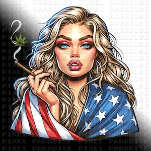 May include: A woman with long blonde hair is wearing a red, white, and blue American flag draped over her shoulders. She is holding a lit joint in her right hand.
