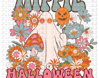 Hippie Halloween PNG, Groovy Halloween png, Halloween Floral Design, Retro Halloween png, Retro Ghost PNG, Halloween Sublimation Design