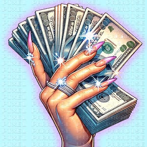 Könnte beinhalten: Eine Hand mit langen, pinken, manikürten Nägeln hält einen Stapel US-Dollar-Scheine. Die Scheine sind fächerförmig ausgebreitet und die Hand ist mit einem funkelnden Ring geschmückt.