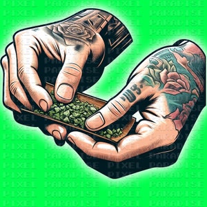 May include: Two hands with tattoos are rolling a joint. The hands are holding a brown paper and green marijuana.