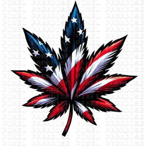 May include: A stylized cannabis leaf with the design of the American flag. The leaf is red, white, and blue.