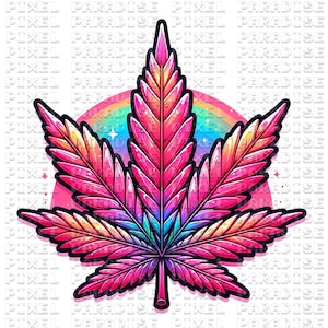 Può includere: Una foglia di cannabis stilizzata e colorata su uno sfondo arcobaleno con stelle. La foglia è rosa, arancione, gialla, verde e blu.