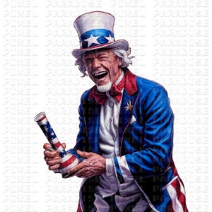 May include: A caricature of Uncle Sam, wearing a blue suit with red and white stars, a red, white, and blue top hat, and a red bow tie, is laughing while holding a red, white, and blue tube.