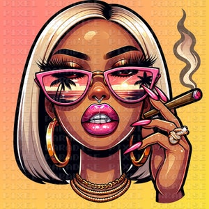 May include: A digital illustration of a woman with blonde hair, wearing pink sunglasses, a gold chain necklace, and a gold hoop earring. She is holding a lit cigar in her right hand and has pink nail polish on her nails.